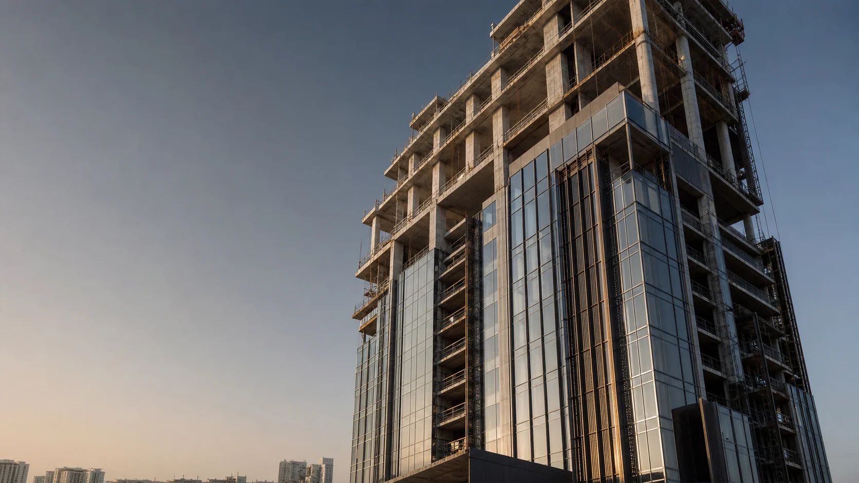 High-rise tower with exposed structure and completed façade sections